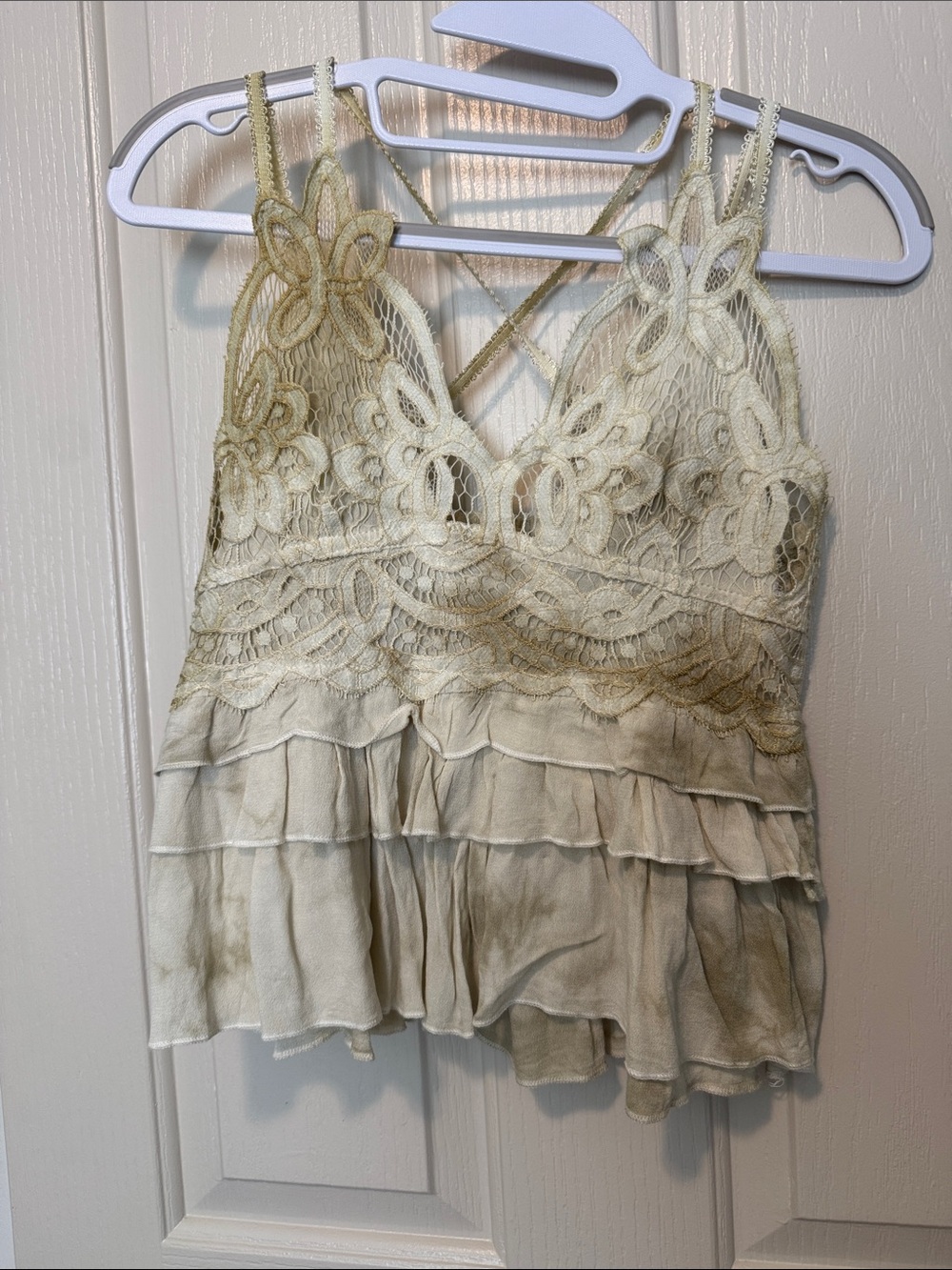 POL Lace Ruffle Camisole Tank - Ivory with Olive Accents